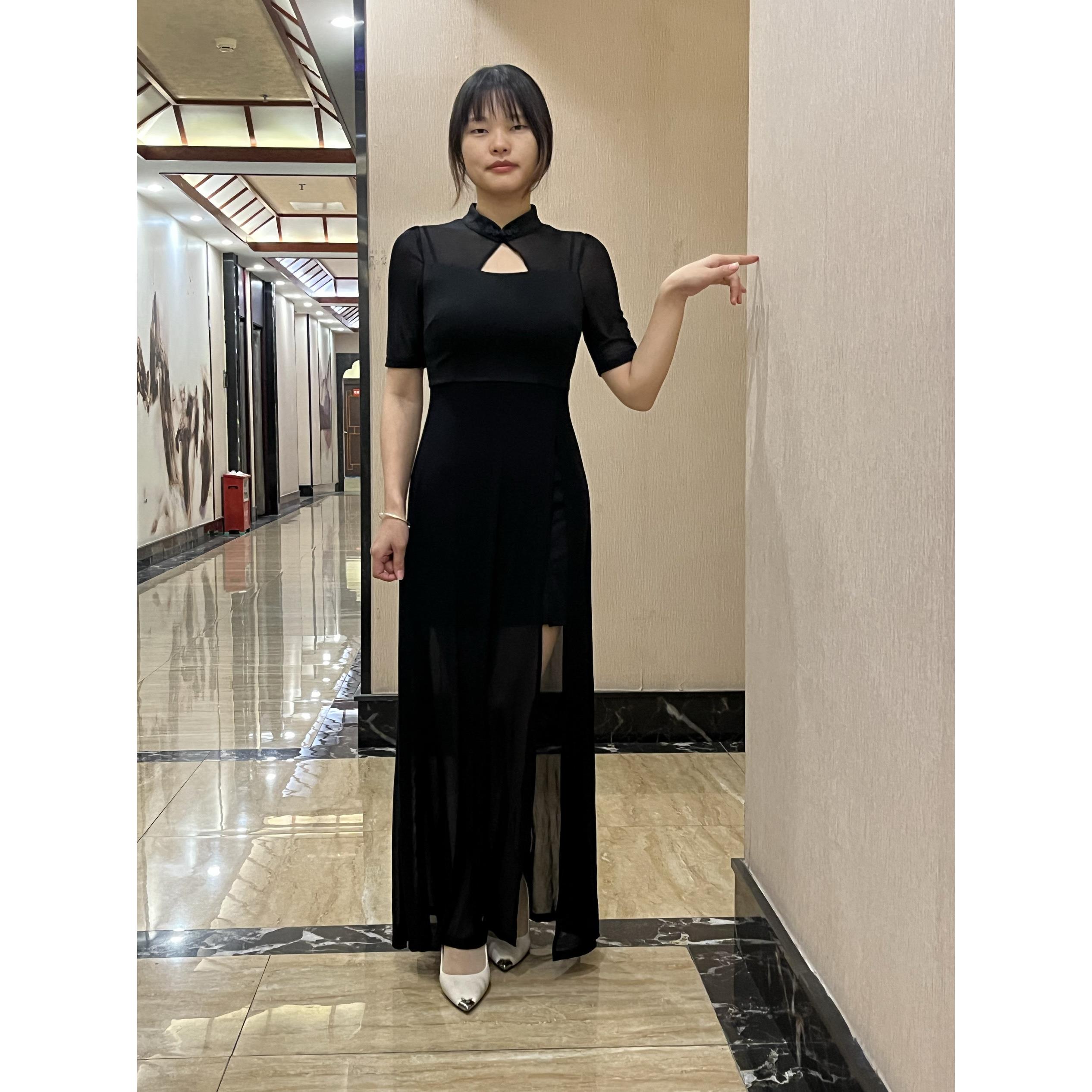 经典格格坊旗袍性感黑色修身显瘦足浴养生中袖连衣裙柔式工作服