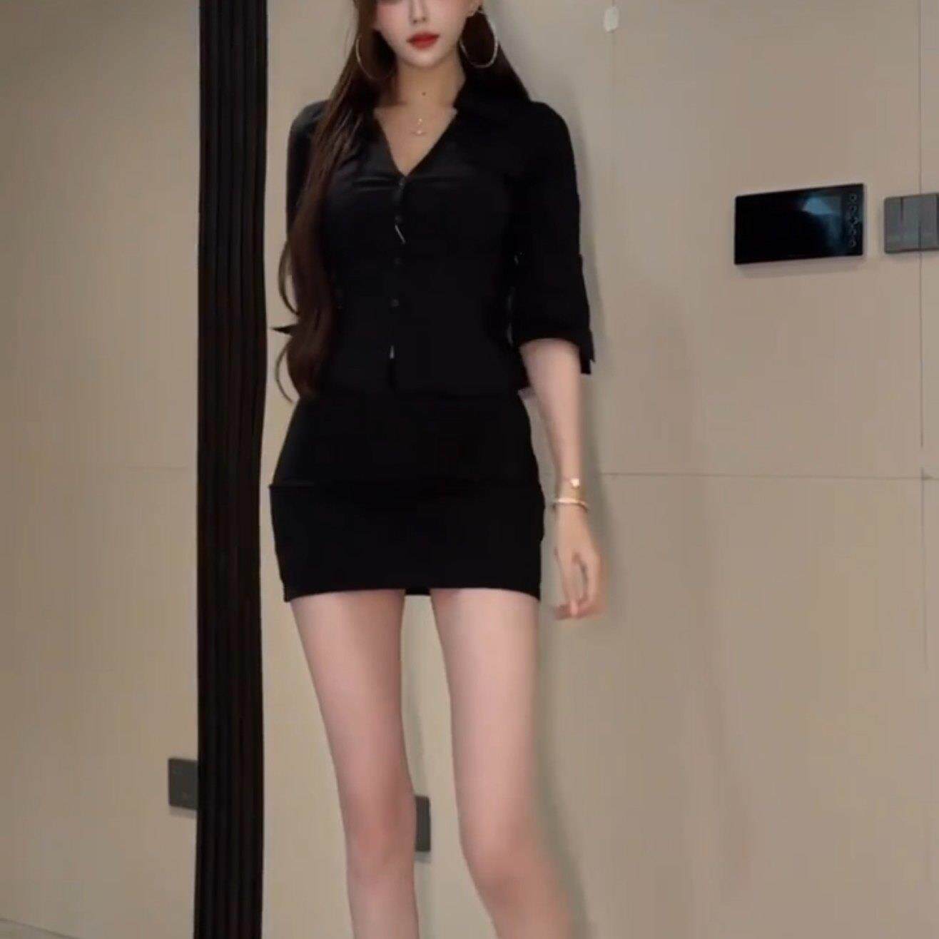 黑色衬衣高级感女领修饰腰身职业制服工作服上衣高腰包臀套装