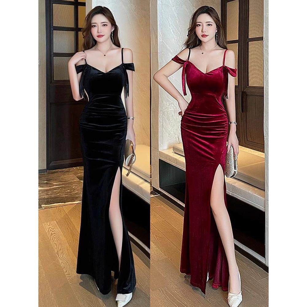吊带低胸开叉晚礼服小姐性感连衣裙女洗浴按摩桑拿技师工作服
