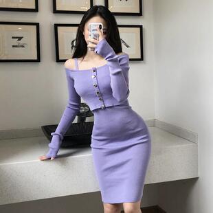 春装套装新款女时尚韩版长袖针织衫修身吊带短洋装两件套潮