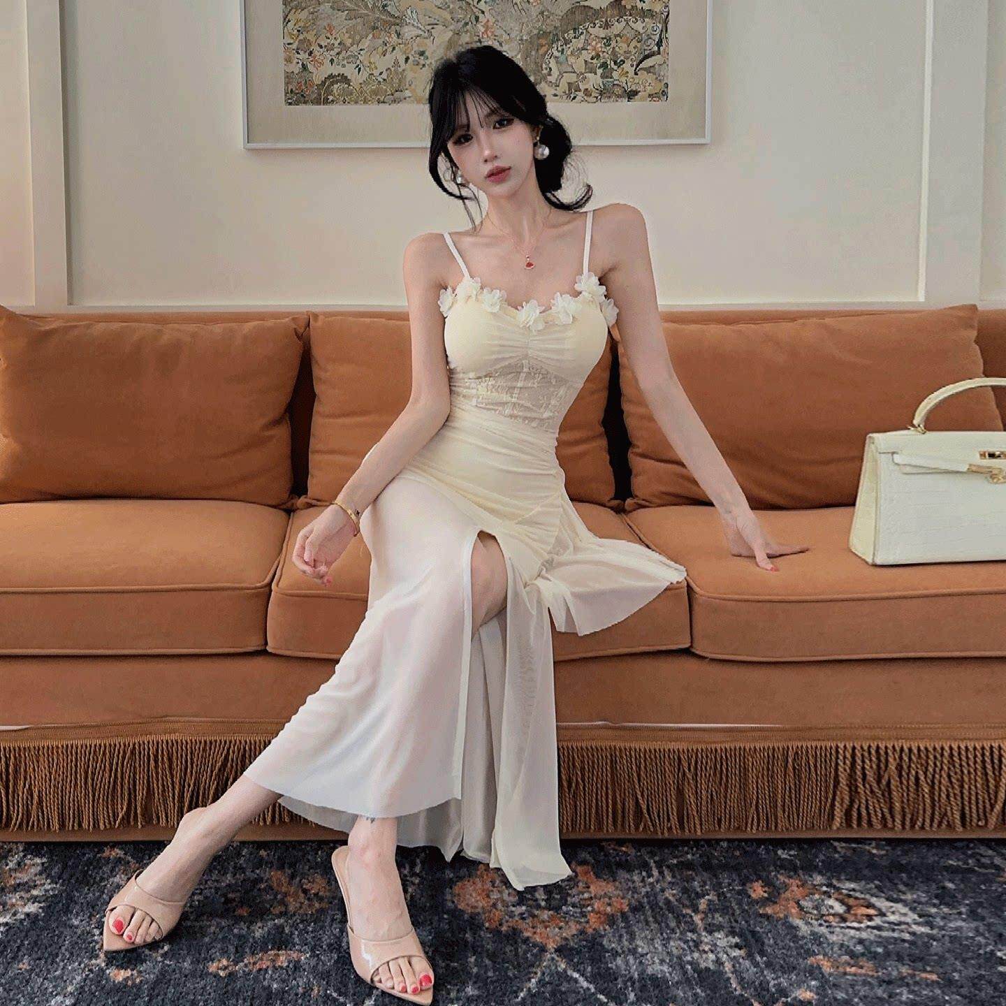 辣妹气质法式性感网纱吊带裙胸垫新款修身露背长款夜店女装连衣裙