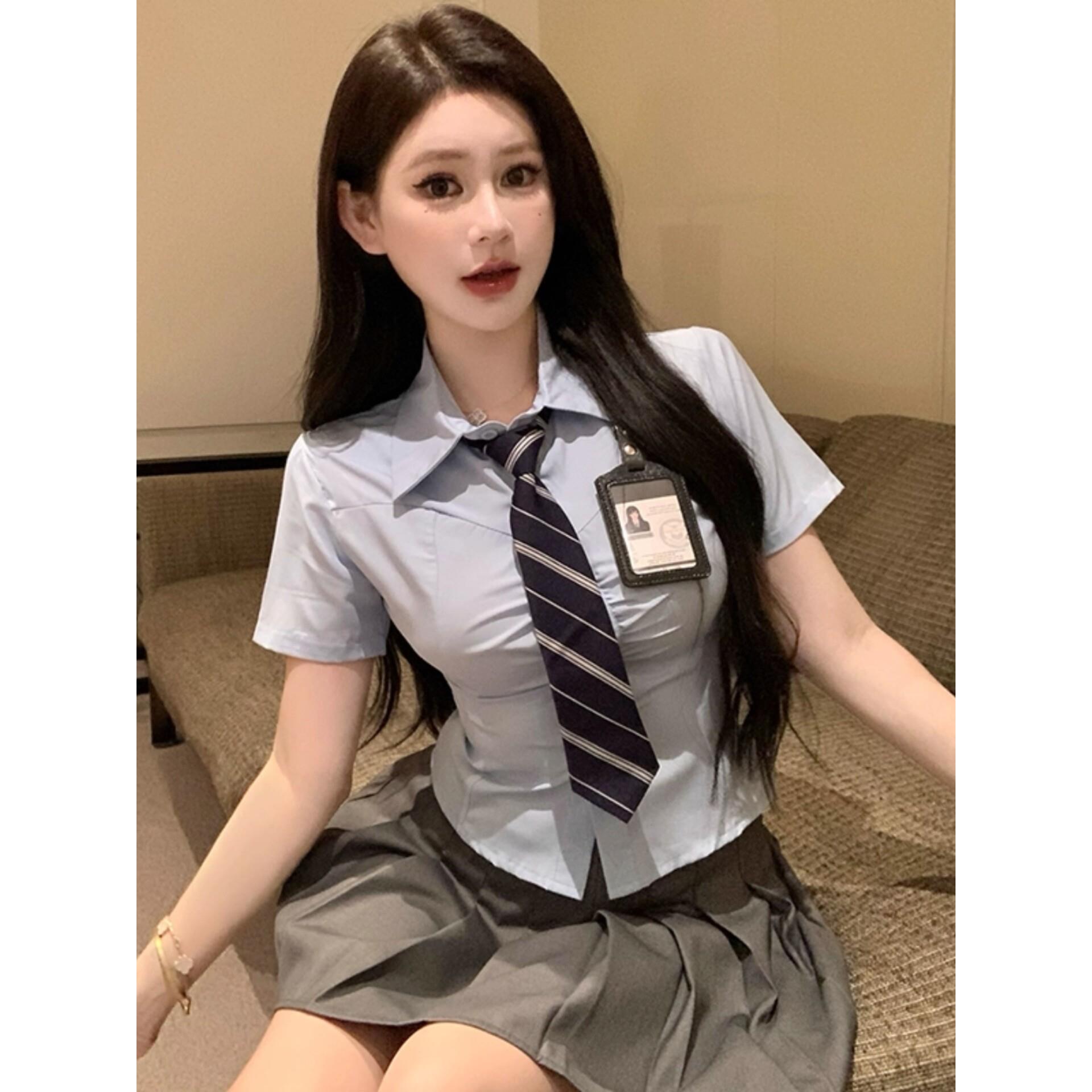 纯欲收腰蓝色短款衬衫百褶裙制服套装棋牌室电竞网咖足浴工作服