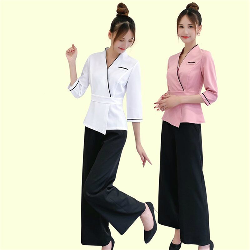 新款春夏美容师工作服女美容院养生馆酒店spa气质显瘦连衣裙套装