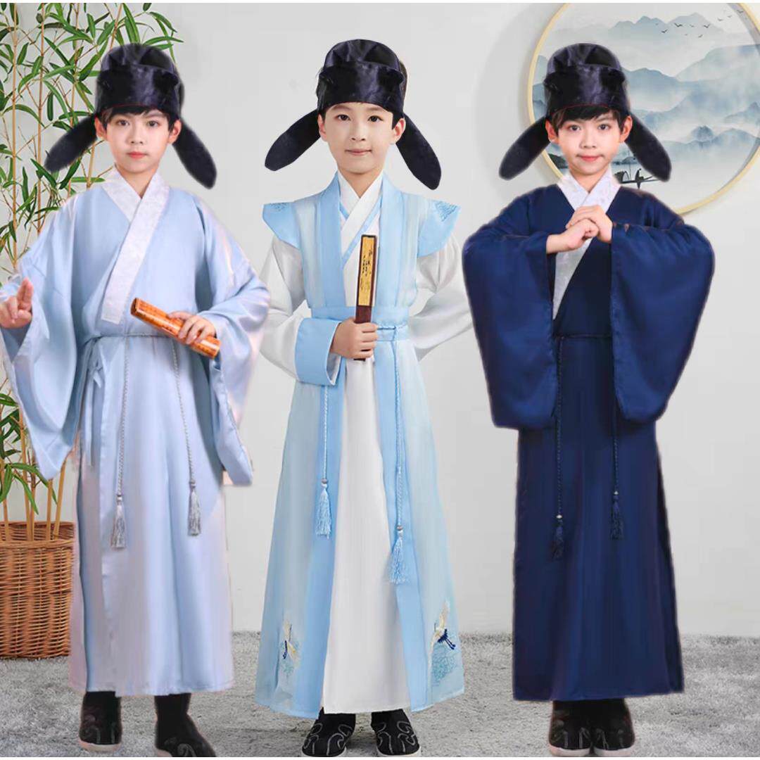 儿童汉服宋制交领袍中国风书生朗诵古诗演出服唐代诗人李白表演服