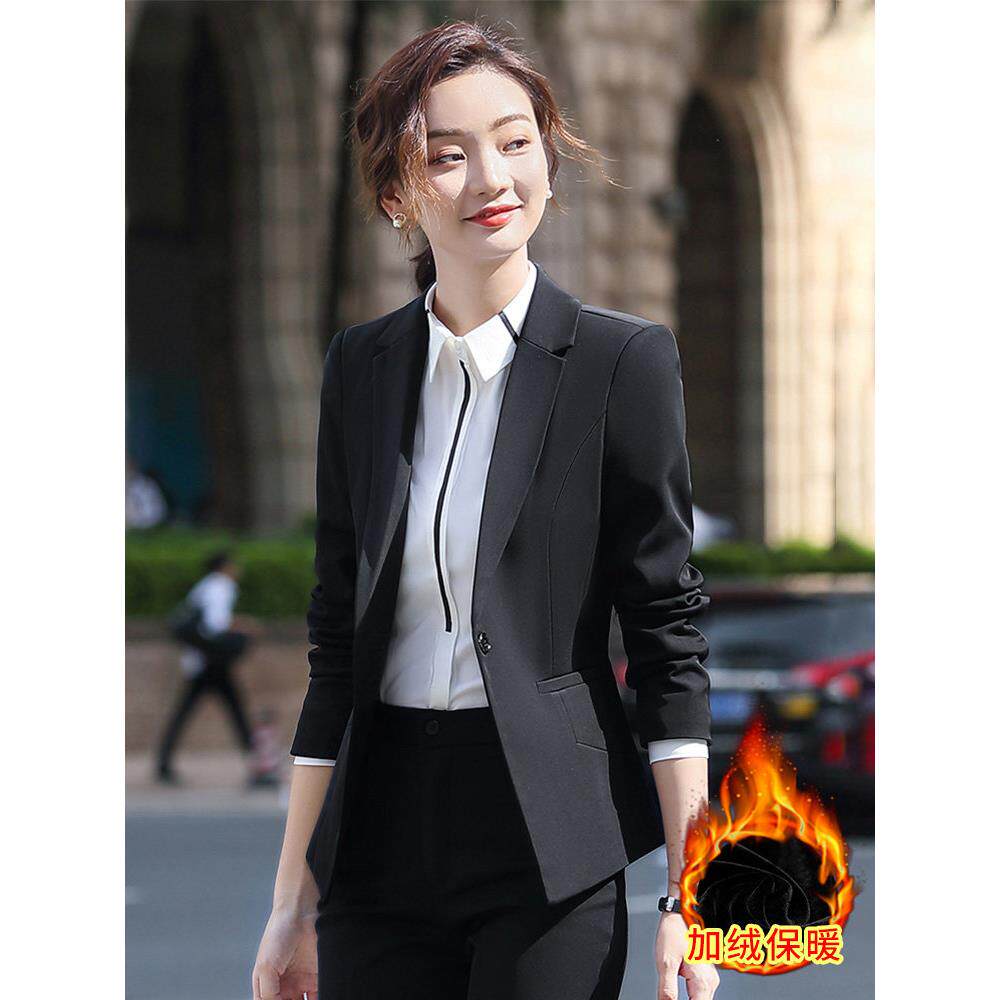 加绒加厚蓝色西装外套女秋冬季修身气质正装职业装工作服西服套装