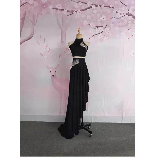 傣族舞蹈服装现代大摆裙黑色开衩花腰练习长裙表演儿童女艺考试表