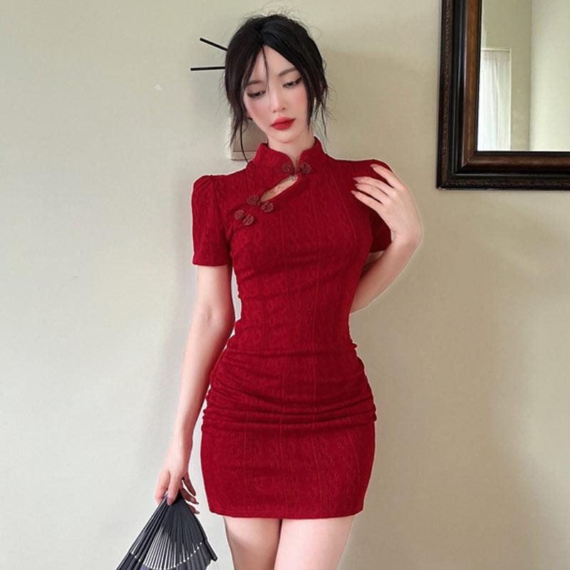 直播衣服女主播上镜高级红色新中式年轻款性感短款改良旗袍连衣裙