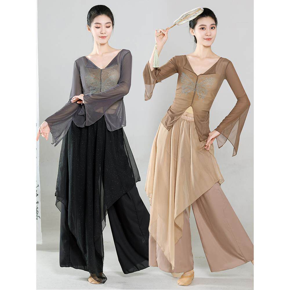 古典舞烫钻身韵纱衣女中国舞蹈服现代舞练功形体服上衣演出服套装
