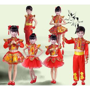 元旦儿童说唱中国红喜庆舞蹈演出服男女童中国民族风红色打鼓服装