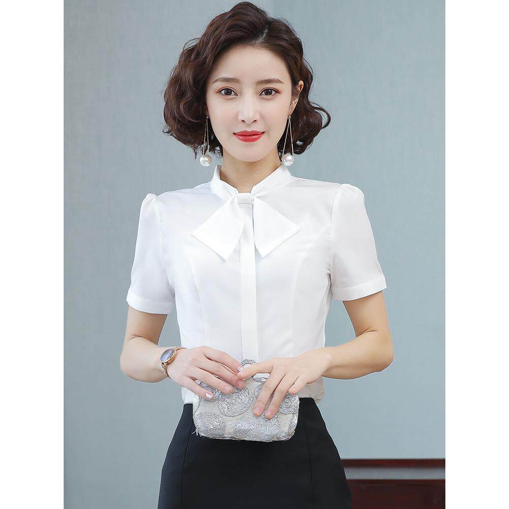 前台工装白衬衫女短袖上班服时尚气质蝴蝶结衬衫雪纺工作服正装夏