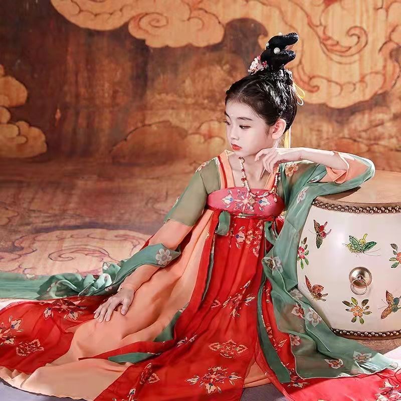 汉服女童中国风仙气敦煌飞天异域风古装舞蹈演出服长袖唐制连衣裙