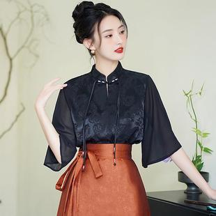 新中式 马面裙搭配 码 上衣夏黑色大国风盘扣立领飞机袖 女衬衣 衬衫