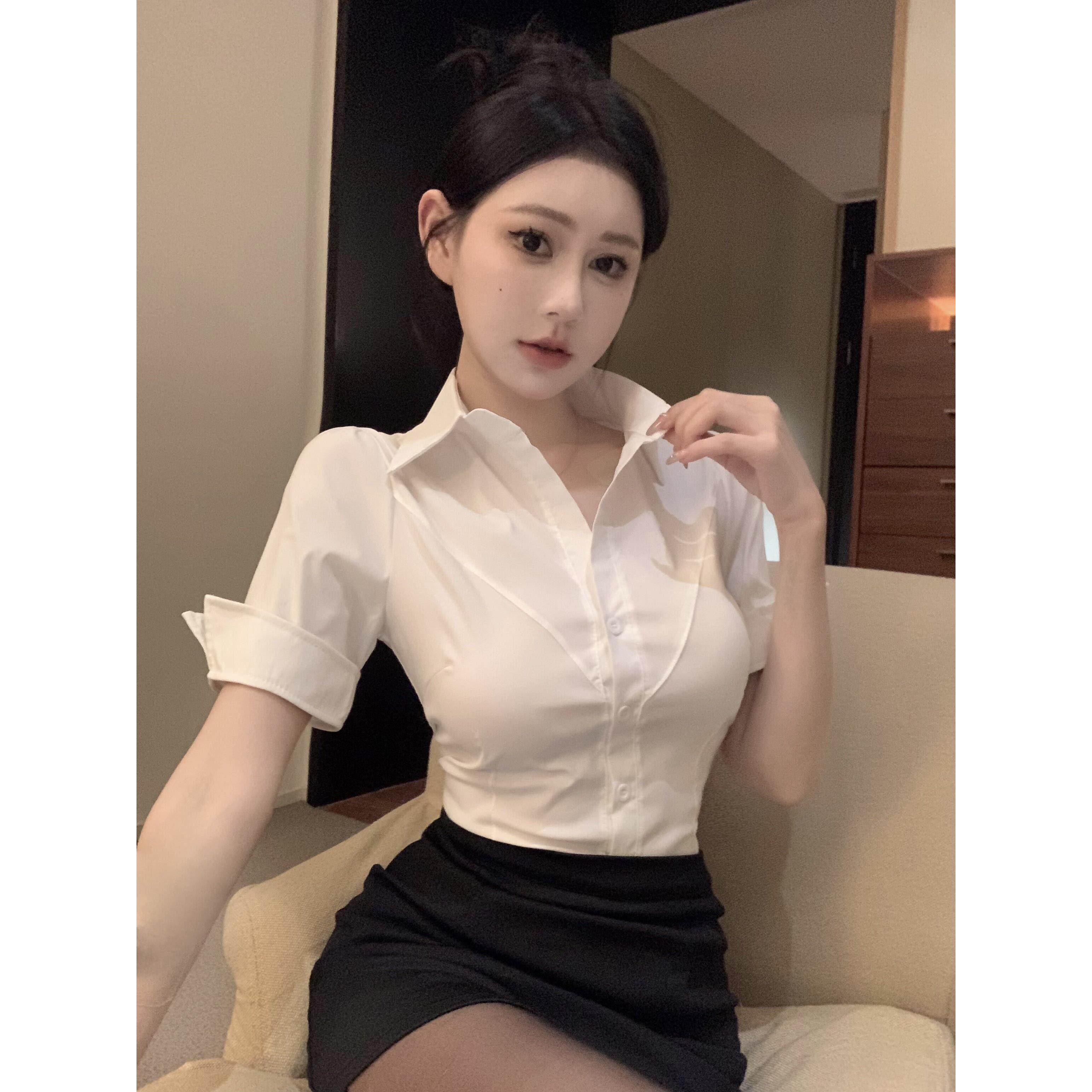 深领衬衣女短袖修身性感短款直播白衬衫职业装足浴技师工作服