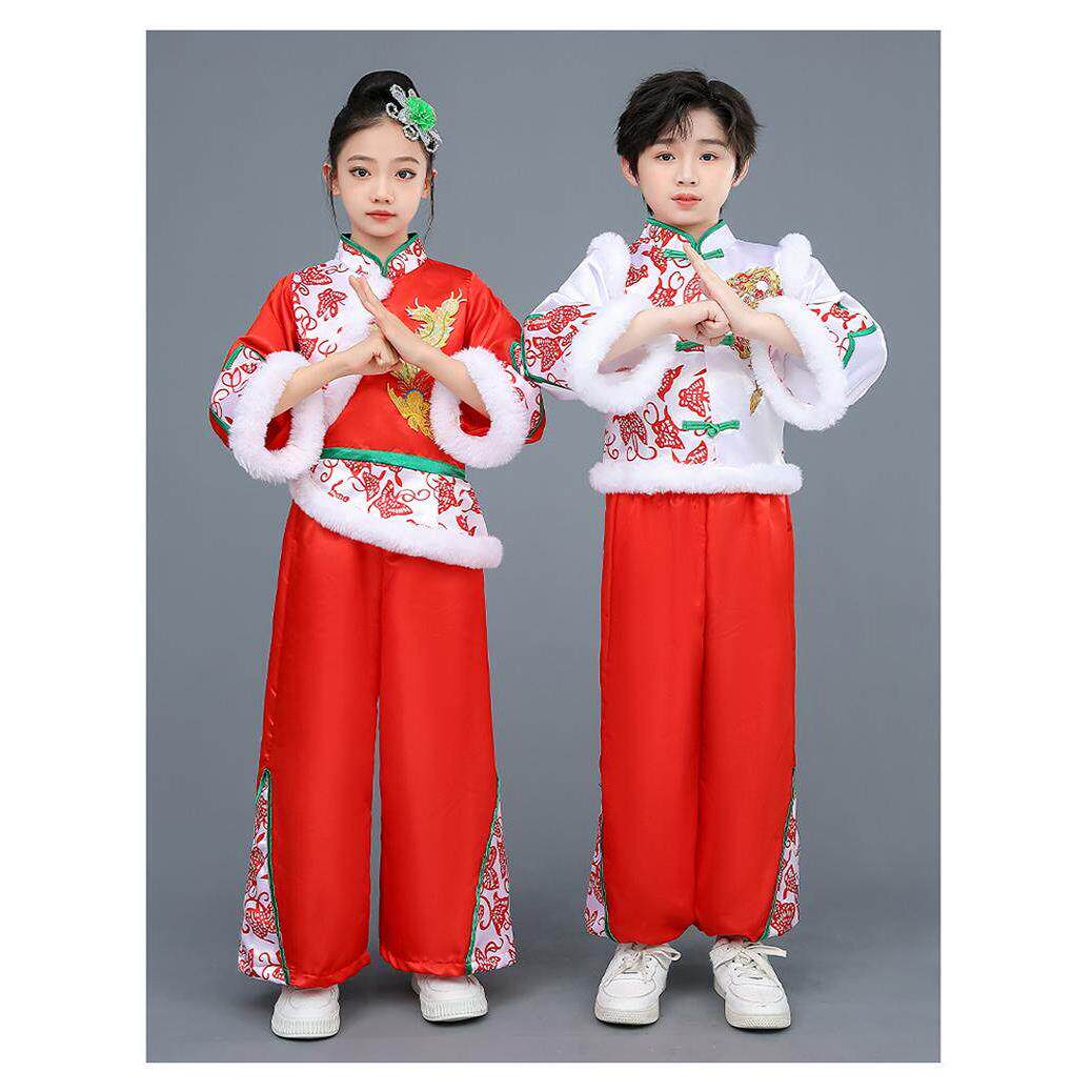 元旦儿童腰鼓演出服喜庆打鼓幼儿盛世欢腾舞蹈服装红色秧歌服秋冬