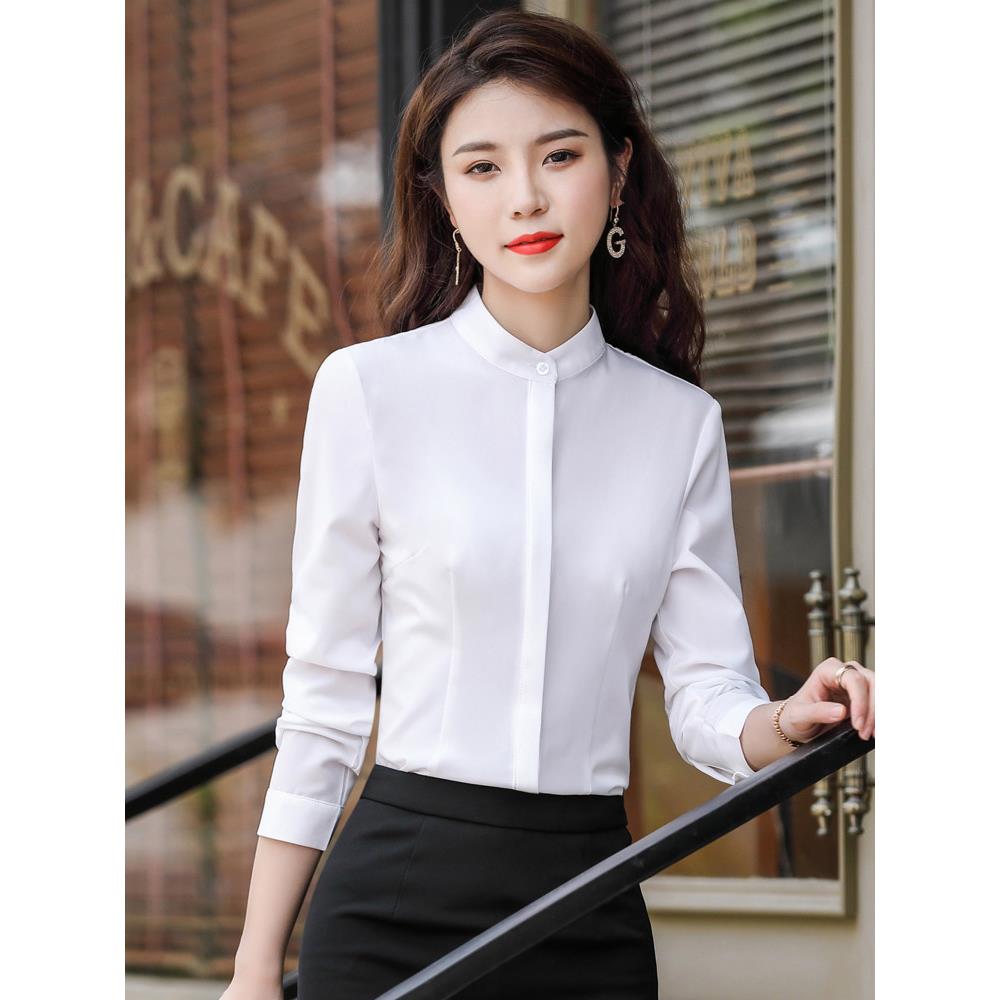 商务装立领蓝衬衫女式长袖圆领覆古工作服时尚西式面试商务白衬衫