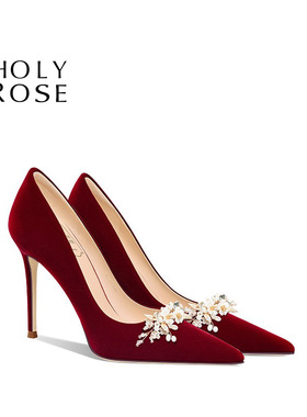 HolyRose【金枝玉叶】红色婚鞋礼服丝绒高跟鞋中式结婚秀禾服两穿