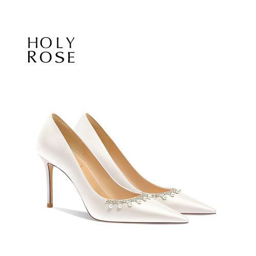 HolyRose法式婚鞋女白色绸缎尖头公主高跟鞋水钻订婚宴会礼服鞋