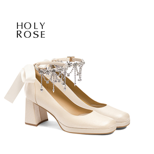 HolyRose【海洋之心】法式婚鞋主婚纱白色玛丽珍粗跟洛丽塔高跟鞋