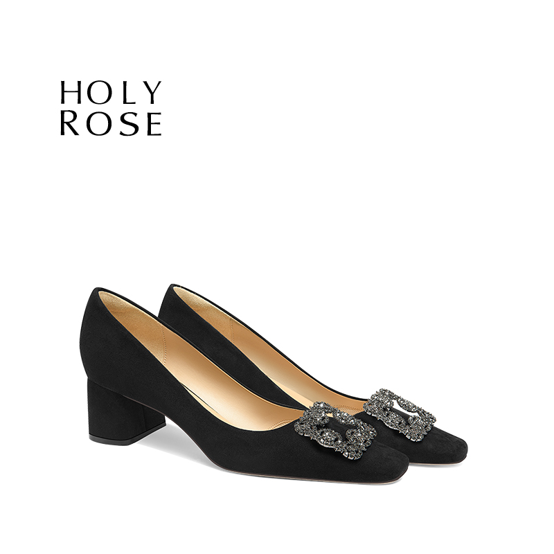 新款黑色方头粗跟高跟鞋