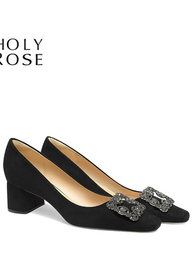 HolyRose【暮光倾城】黑色方头粗跟高跟鞋方扣单鞋通勤可穿不累脚