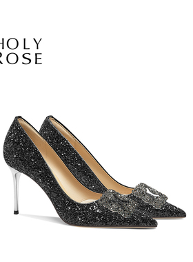 HolyRose【暮光倾城】法式绝美黑色水晶鞋生日宴会公主风礼服鞋