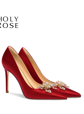 HolyRose【比翼双飞】婚鞋红色高跟鞋结婚秀禾单鞋缎面礼服敬酒鞋