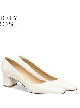Holy Rose白色粗跟高跟鞋女方头浅口单鞋婚鞋平时可穿通勤职业鞋