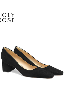 Holy Rose女鞋黑色方头高跟鞋大码粗跟舒适面试通勤职业浅口单鞋