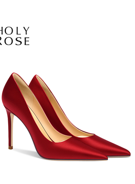 HolyRose【佳缘】秀禾服婚鞋红色缎面高跟新娘鞋订婚单鞋平时可穿