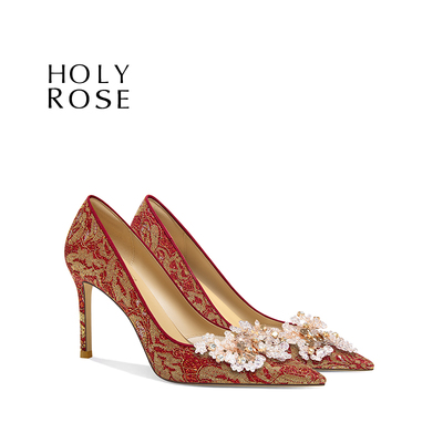 HolyRose【玉兰花开】中式红色婚鞋女秀禾婚纱两穿新娘鞋敬酒鞋