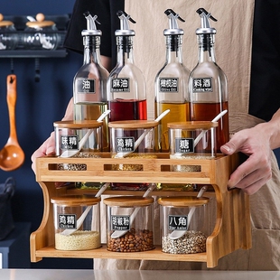Bamboo rack glass oil sauce vinegar bottle pepper salt monos