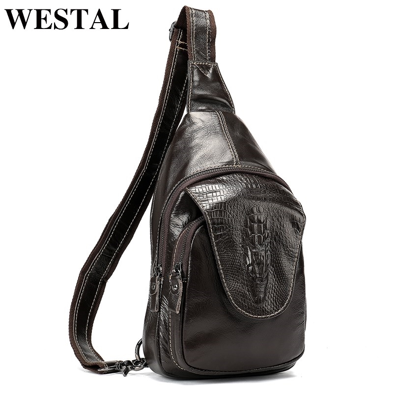 WESTAL Genuine Leather Bag mens chest bags male Sling Bag