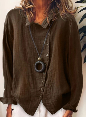 Women Autumn Long Sleeve Cotton Linen Blouse Shirts Elegant