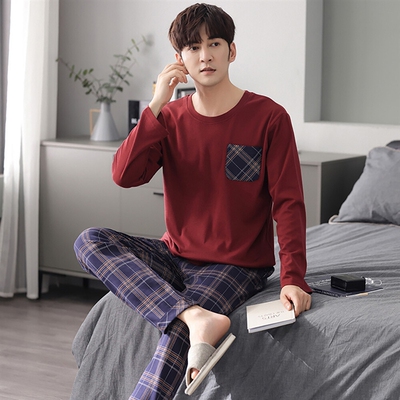Autumn Winter Cotton Plaid Sleepwear Pajamas for Men Loose L
