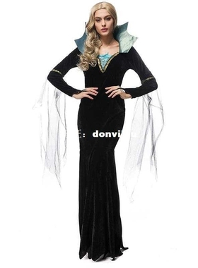 Luxury Black Vampire Long Dress Halloween Witch Queen Cospla
