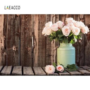 Laeacco Wooden Boards Wall Vase Flowers Portrait Photograph