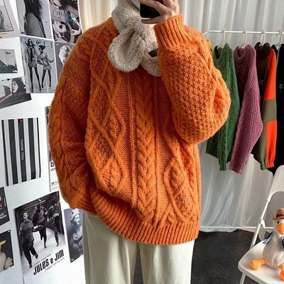 Orange Sweater Men Winter Cable Knit Sweater Fisherman Sweat