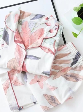 2021 Spring Leaves Printed Womens Pajama Cotton Plus Si