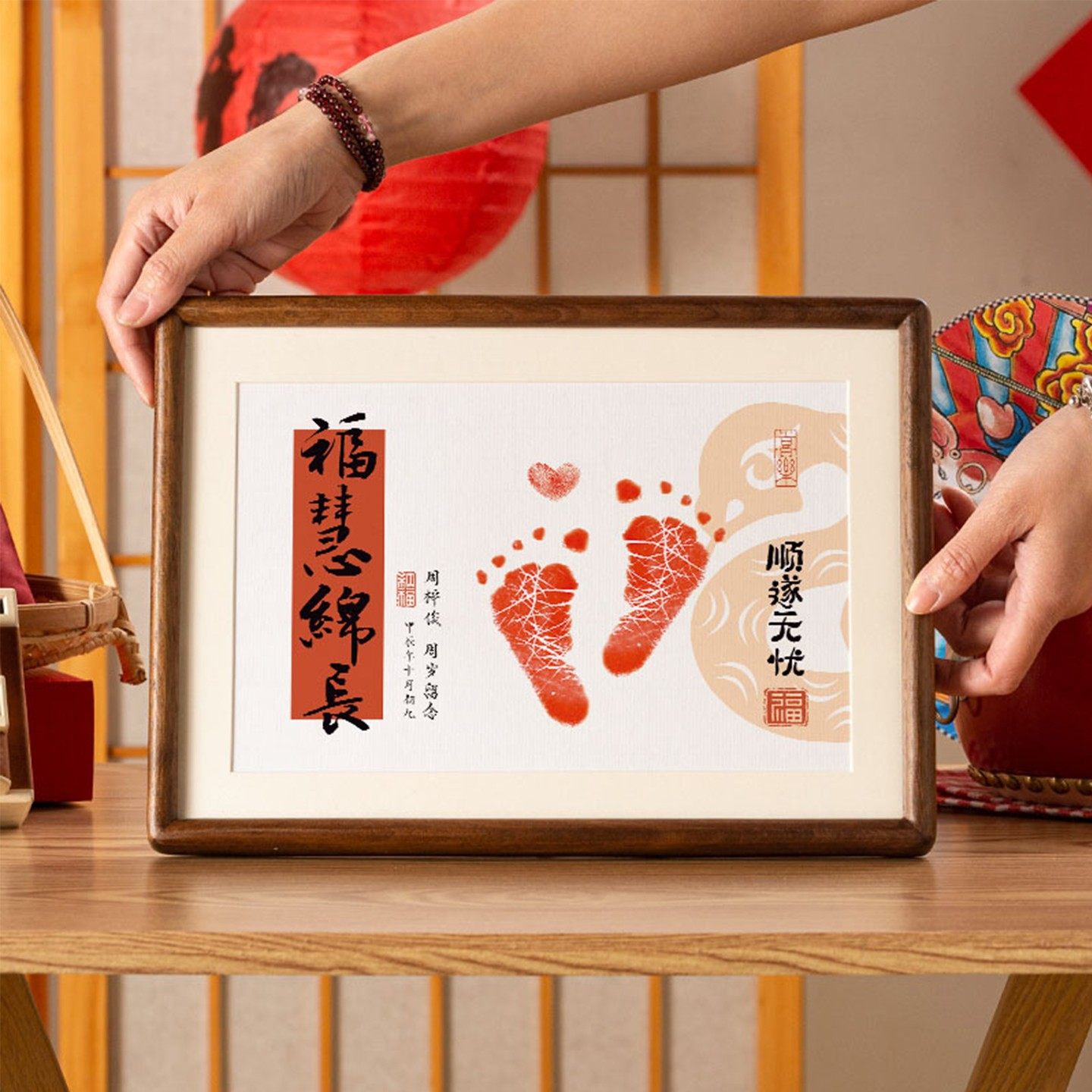 蛇年新生婴儿照片满月百天手足印纪念摆件宝宝手脚印定制相框摆台