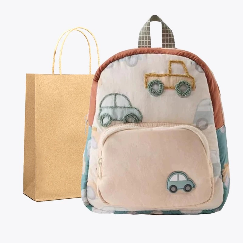 童趣小汽车刺绣帆布双肩包