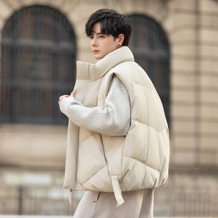 日系复古男士立领90白鸭绒羽绒马甲冬季保暖防寒宽松百搭坎肩外套
