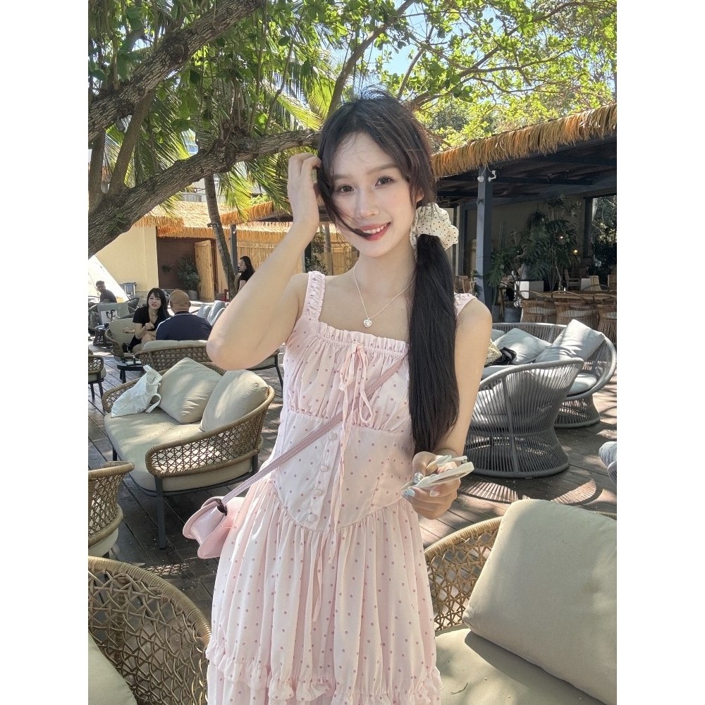 【雾粉郁金香~】粉色吊带连衣裙女夏新款波点仙女气质裙子,女装/女士精品,大码连衣裙,淘宝优惠券,粉丝福利购,淘宝优惠卷