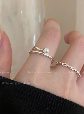 戒指女粗胖手大号银色蝴蝶结珍珠戒指女轻奢高级指环夏日戒指