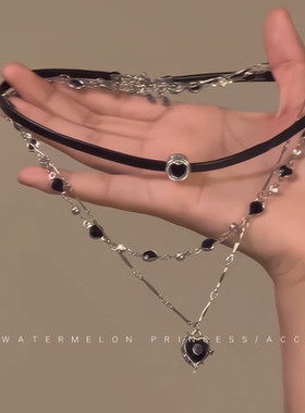 项链甜酷辣妹风多层叠戴项链女辣妹黑皮绳链锁骨链choker