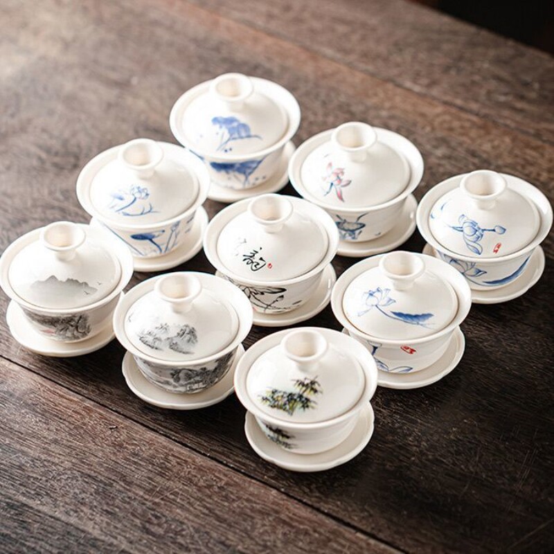潮汕功夫茶具纯白玉瓷三才盖碗号茶碗迷你试茶大敬茶碗公道杯盖碗
