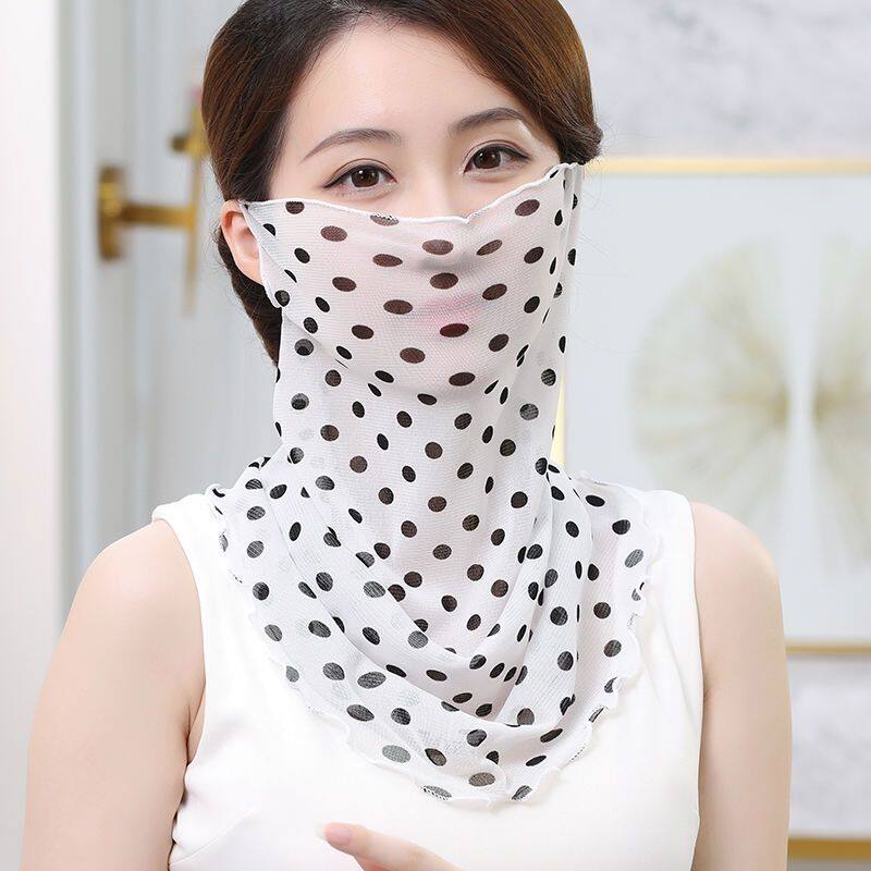 圆点丝巾百变套头护颈围脖夏季薄款小丝巾女挂耳防晒面纱百搭口罩