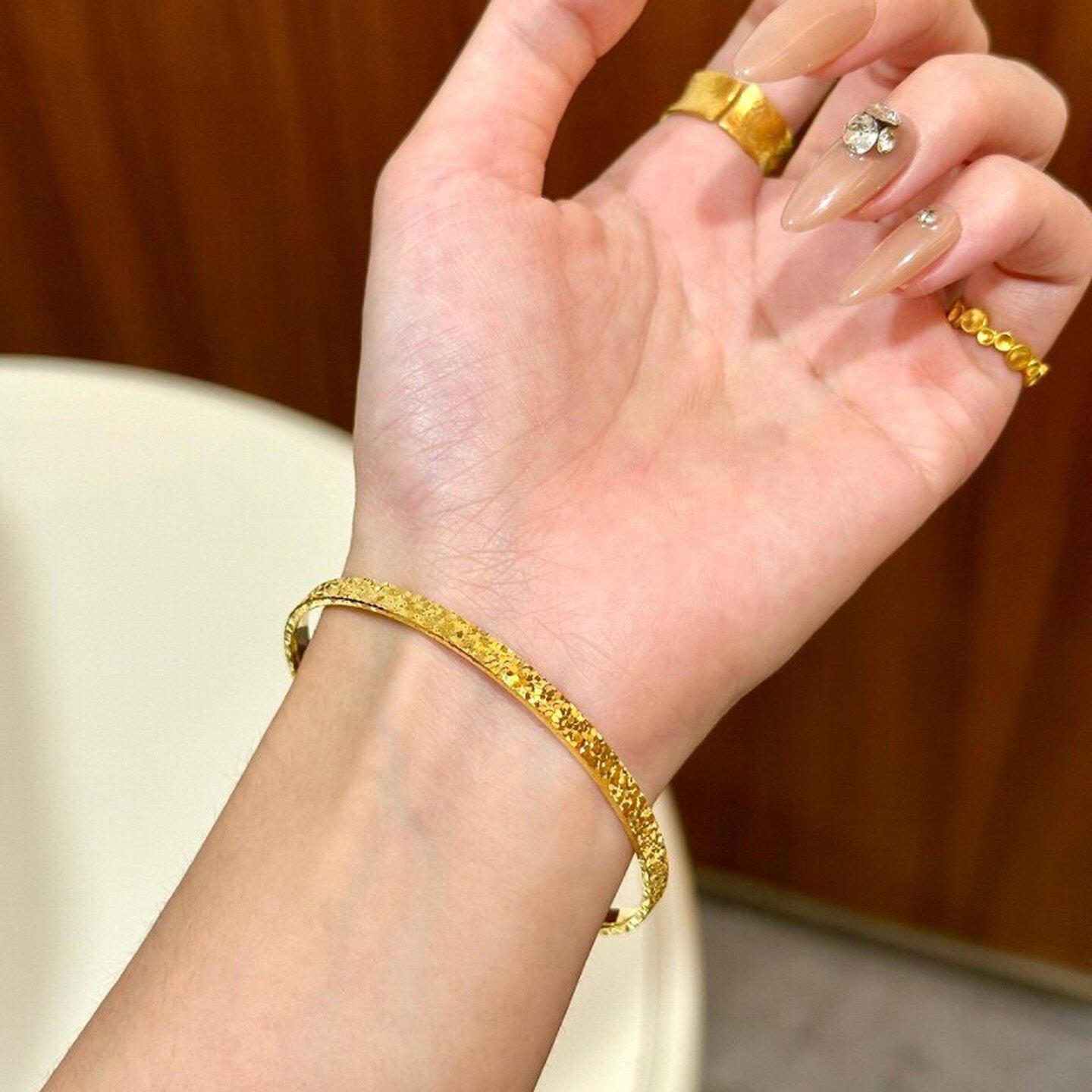 沙金手镯古法方形筷子手镯女碎碎冰冰仿真黄金正品实心素圈手镯女
