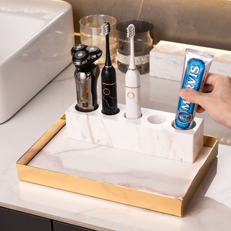 浴室台面高级大理石电动牙刷置物架不锈钢硅藻泥吸水杯垫牙具收纳