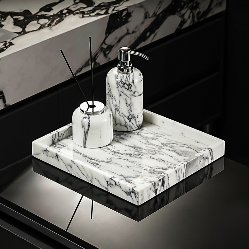 法式风卫生间大花白托盘置物架浴室洗漱台面收纳大理石漱口杯架