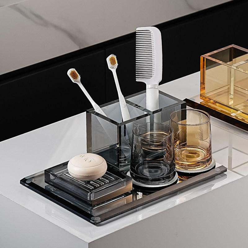 意式轻奢卫生间牙膏牙刷架水晶玻璃梳子收纳筒家用洗漱台置物套装